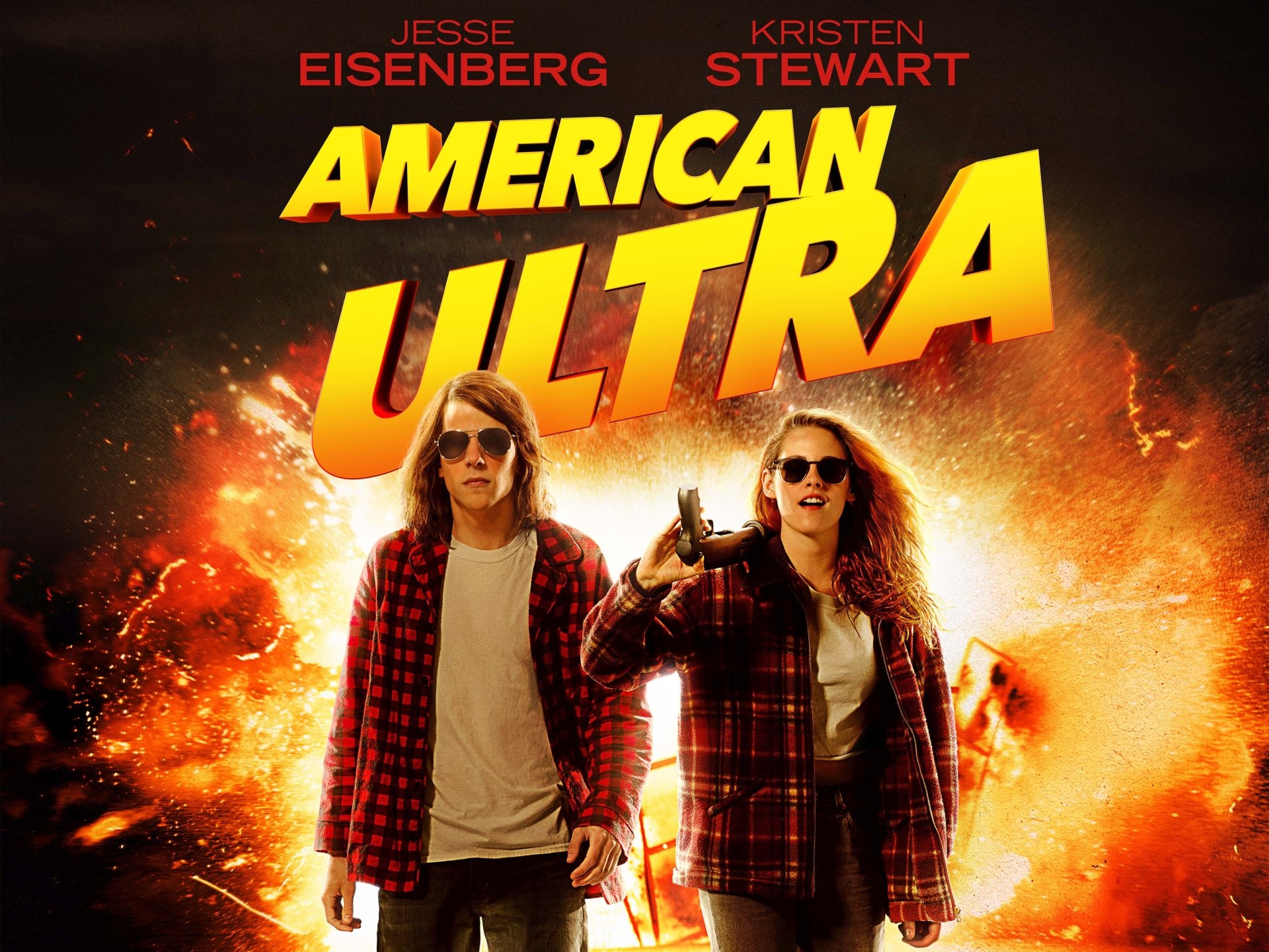 4K Ultra HD desktop wallpaper featuring Jesse Eisenberg and Kristen Stewart from the movie American Ultra, set against an explosive fiery background.