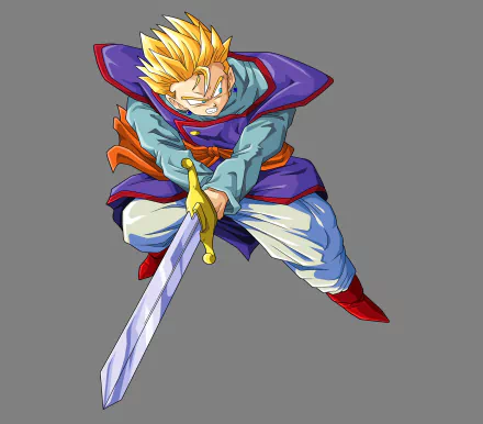HD desktop wallpaper featuring Gohan from Dragon Ball Z, depicted in an action pose with a sword, set against a grey background.
