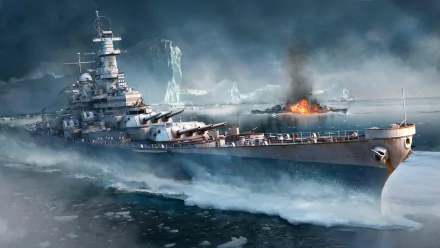A stunning HD wallpaper from the video game World of Warships, featuring a powerful battleship navigating through icy waters, with an explosion in the background.