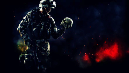 A soldier in tactical gear holds a skull, set against a dark background with vibrant splashes of color, showcasing imagery from the video game Warface.