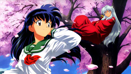 A vibrant HD wallpaper featuring InuYasha, an iconic anime character, alongside another character under blooming cherry blossoms, capturing a serene and colorful moment.