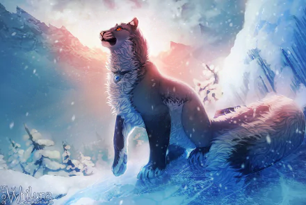 HD fantasy PC desktop wallpaper depicting a majestic cougar with glowing red eyes standing on icy terrain under a mystical sky.