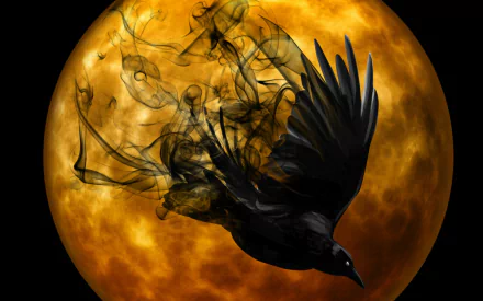 A black raven soars against a glowing orange moon, with wisps of smoke trailing behind, creating a hauntingly beautiful Halloween-themed HD desktop wallpaper.