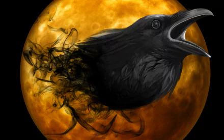 A striking HD wallpaper featuring a raven's head against a glowing orange moon, capturing the essence of Halloween with its dark, mystical vibe.