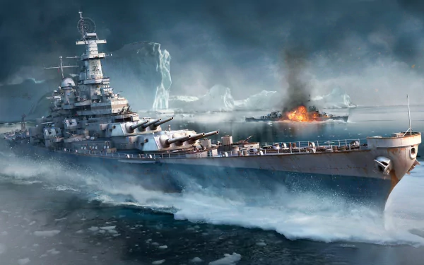 A stunning HD wallpaper from the video game World of Warships, featuring a powerful battleship navigating through icy waters, with an explosion in the background.