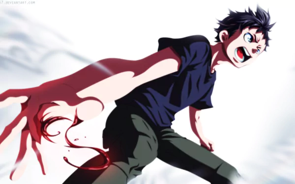 HD anime wallpaper featuring Ganta Igarashi from Deadman Wonderland in an intense action pose with blood-red claw-like arm effects against a white background.