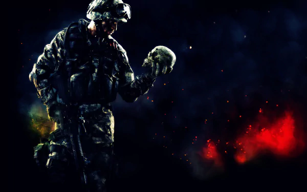 A soldier in tactical gear holds a skull, set against a dark background with vibrant splashes of color, showcasing imagery from the video game Warface.