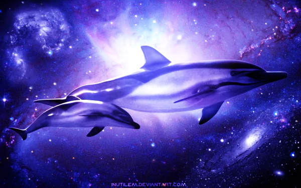 A stunning HD wallpaper featuring dolphins swimming gracefully through a vibrant galaxy filled with stars, blending the beauty of marine life and cosmic wonders.
