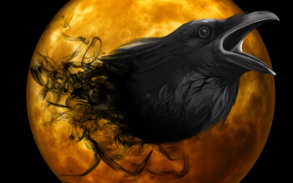 A striking HD wallpaper featuring a raven's head against a glowing orange moon, capturing the essence of Halloween with its dark, mystical vibe.