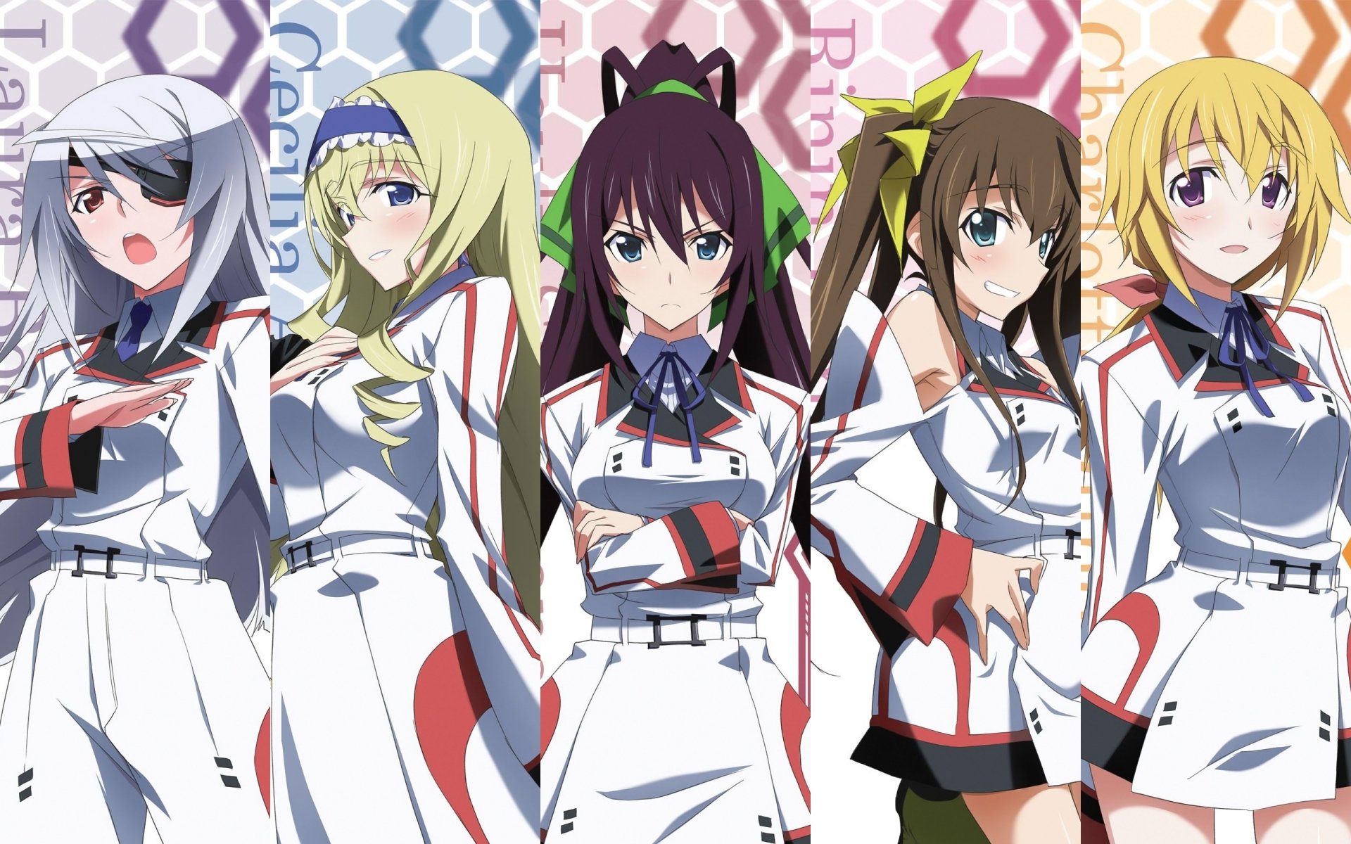 Anime Infinite Stratos 2K Quad HD PC desktop wallpaper featuring five female pilots in white uniforms posed against colorful patterned panels.