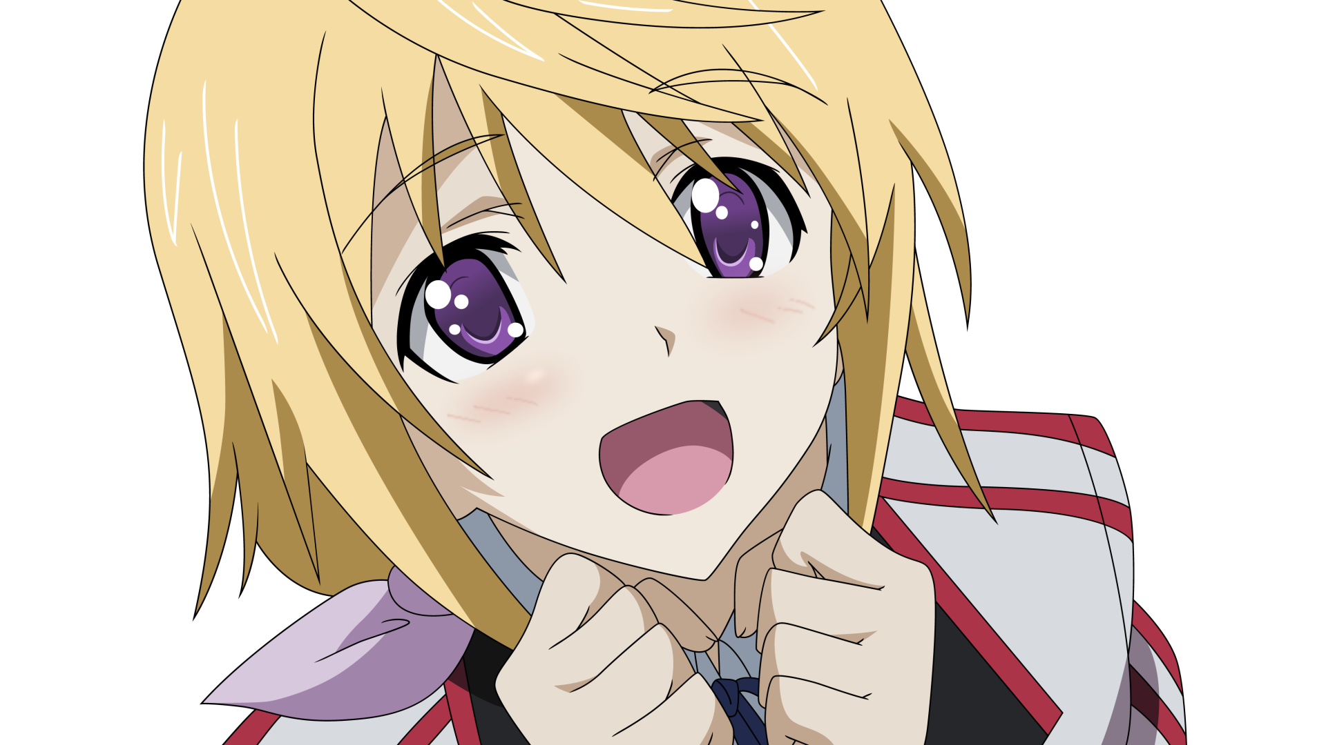 Anime Infinite Stratos 4K Ultra HD PC desktop wallpaper and background: close-up of a smiling blonde girl with purple eyes, hands clasped, wearing a red-trimmed school uniform.