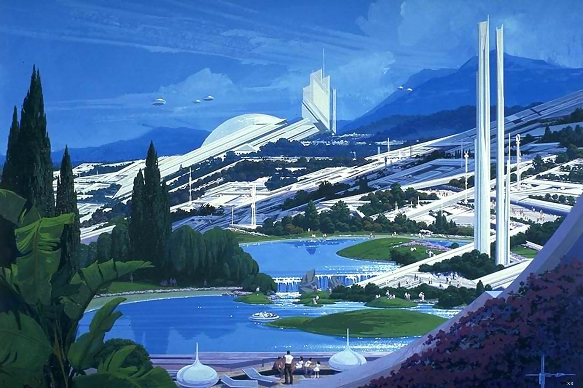 Sci-fi cityscape with white spires and domes on terraced hills, lakes and lush greenery under blue skies — 2K Quad HD PC desktop wallpaper and background.