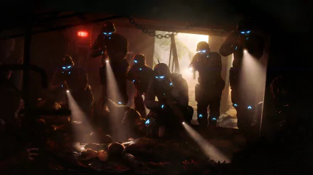 A dark, intense scene from F.E.A.R. 2: Project Origin featuring warriors with glowing blue eyes and flashlights in a shadowy, death-filled environment; HD video game wallpaper.