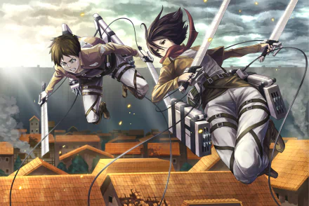 Mikasa Ackerman and Eren Yeager soar through a dramatic sky in this HD desktop wallpaper from the anime Attack on Titan, showcasing their dynamic action and determination.