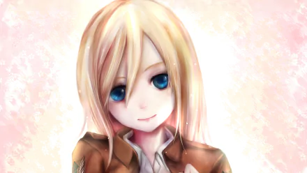 A vibrant 4K Ultra HD wallpaper featuring Historia Reiss from the anime Attack on Titan, showcasing her signature blonde hair and captivating blue eyes against a soft background.