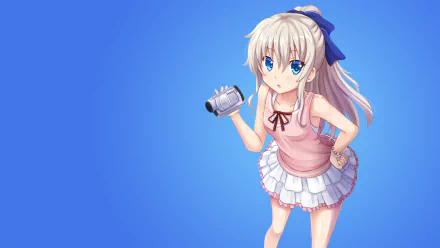 Anime character Nao Tomori from Charlotte, with long white hair, blue eyes, and a blush, holding a camera. She wears a pink top, a white skirt, and a blue bow, featured in an HD desktop wallpaper.