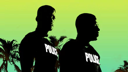 HD PC desktop wallpaper: stylized green-yellow gradient with palm trees and two silhouetted police officers wearing POLICE shirts, movie poster style for Bad Boys II