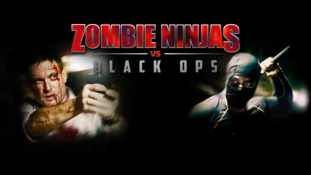 HD PC desktop wallpaper background for the movie Zombie Ninjas vs Black Ops, showing a bloodied soldier on the left and a masked ninja on the right raising a blade.