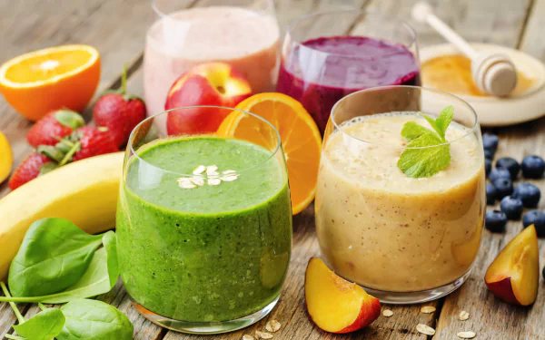 4K Ultra HD still life of vibrant fruit smoothies in glasses surrounded by fresh orange, apple, banana, strawberry, blueberry, and peach on a rustic wooden surface.