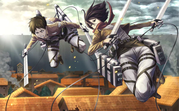 Mikasa Ackerman and Eren Yeager soar through a dramatic sky in this HD desktop wallpaper from the anime Attack on Titan, showcasing their dynamic action and determination.
