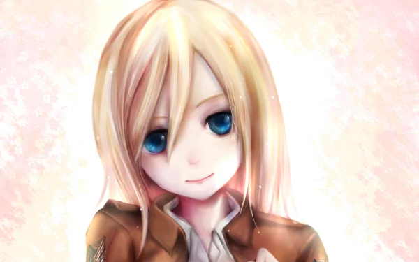 A vibrant 4K Ultra HD wallpaper featuring Historia Reiss from the anime Attack on Titan, showcasing her signature blonde hair and captivating blue eyes against a soft background.