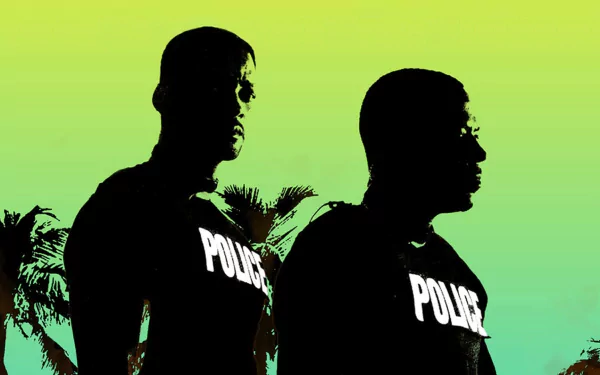 HD PC desktop wallpaper: stylized green-yellow gradient with palm trees and two silhouetted police officers wearing POLICE shirts, movie poster style for Bad Boys II