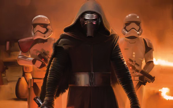 Kylo Ren stands menacingly in front of two stormtroopers, set against a fiery background in this HD desktop wallpaper from Star Wars Episode VII: The Force Awakens.