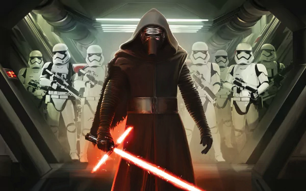 Kylo Ren wields a red lightsaber, flanked by stormtroopers in a dark hallway. This HD wallpaper is themed around Star Wars Episode VII: The Force Awakens.