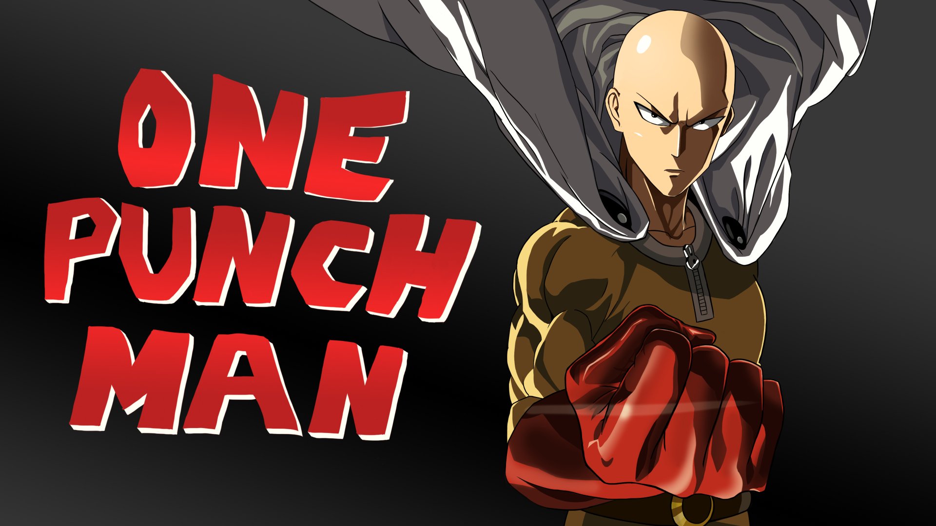 HD desktop wallpaper featuring Saitama from the anime One-Punch Man, showcasing his iconic clenched fist pose with the title One Punch Man prominently displayed.