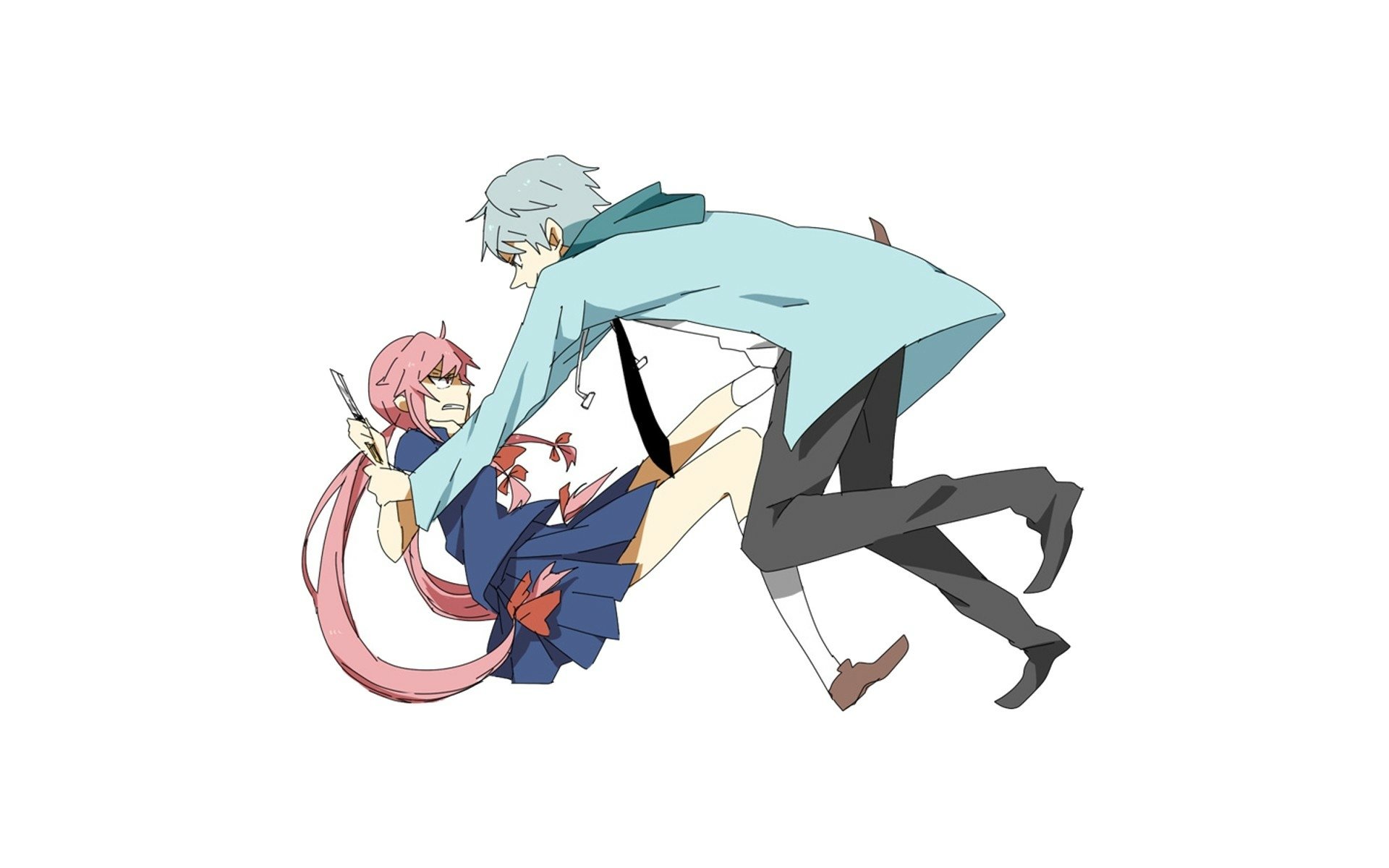 HD PC desktop wallpaper featuring anime characters from Mirai Nikki in dynamic action poses on a white background.