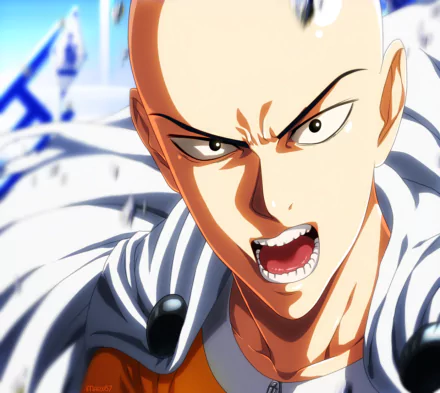 Saitama from One-Punch Man with an intense expression, capturing the energy of the anime. A vibrant HD wallpaper showcasing the character's determination and strength.