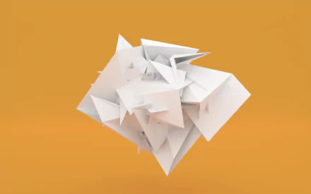 3D low poly abstract white paper facets form a minimalist CGI structure against a vibrant orange background, designed as an HD PC desktop wallpaper.