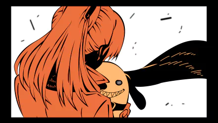 HD anime desktop wallpaper featuring Seryu with vivid orange hair holding a smiling mask from Akame ga Kill! in a bold, graphic style.