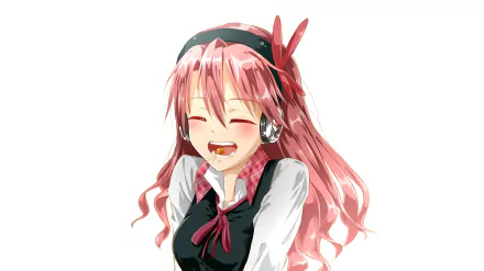 A cheerful Chelsea from *Akame ga Kill!* is shown with a blush, wearing headphones and smiling widely, making for a vibrant HD desktop wallpaper.