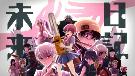 Anime-inspired HD PC desktop wallpaper featuring characters from Mirai Nikki, showcasing a dynamic group with vibrant colors and intense expressions.