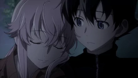 Yukiteru Amano and Yuno Gasai from the anime Mirai Nikki share a tender moment in this HD wallpaper, capturing their deep connection and emotional bond.