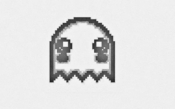 HD desktop wallpaper featuring a black-and-white, pixelated, cute ghost on a light background.