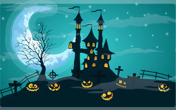 HD PC desktop wallpaper featuring a spooky Halloween scene with a haunted house, glowing jack-o'-lanterns, a full moon, and a barren tree under a starry sky.