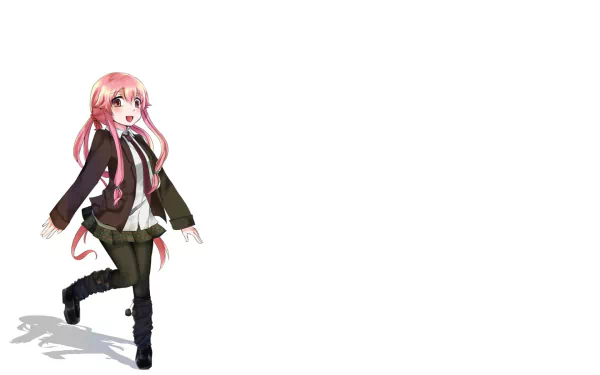 Yuno Gasai from the anime Mirai Nikki is depicted in this HD desktop wallpaper, showcasing her playful expression as she walks with confidence.
