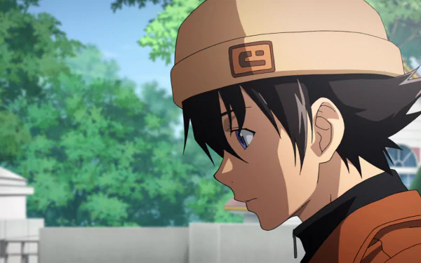 HD anime wallpaper featuring Yukiteru Amano from Mirai Nikki, showing a close-up side profile against a blurred outdoor background with trees and a fence.