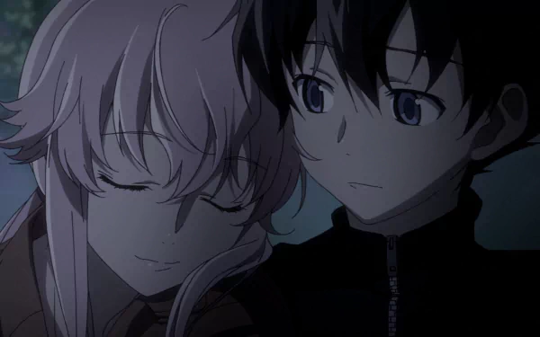 Yukiteru Amano and Yuno Gasai from the anime Mirai Nikki share a tender moment in this HD wallpaper, capturing their deep connection and emotional bond.