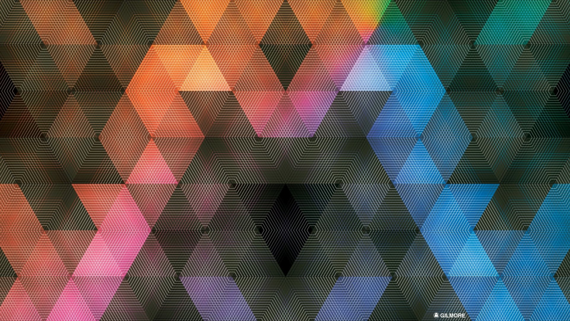 Abstract artistic HD PC desktop wallpaper and background: colorful triangular mosaic of dotted, hexagon-like patterns in gradient bands from warm orange and pink to cool blue and teal.