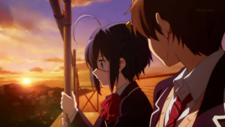 Yūta Togashi and Rikka Takanashi share a heartfelt moment against a stunning sunset backdrop in this beautiful HD wallpaper from Love, Chunibyo & Other Delusions.