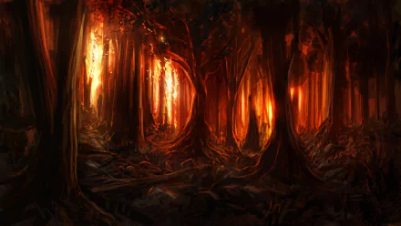 Fantasy forest scene with glowing orange light filtering through dense trees, creating a mysterious and enchanting atmosphere in this HD PC desktop wallpaper.