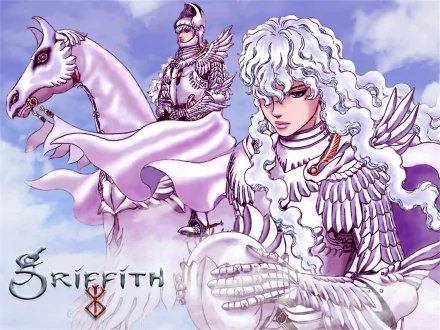 HD PC desktop wallpaper featuring Griffith from the anime Berserk, showcasing detailed armor and a white horse against a vibrant sky backdrop.