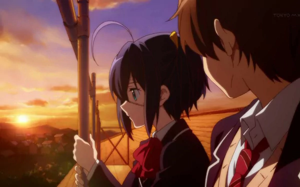 Yūta Togashi and Rikka Takanashi share a heartfelt moment against a stunning sunset backdrop in this beautiful HD wallpaper from Love, Chunibyo & Other Delusions.
