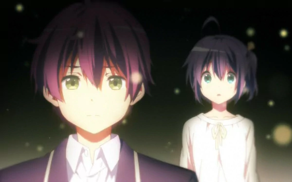 HD anime desktop wallpaper featuring Rikka Takanashi and Yūta Togashi from Love Chunibyo & Other Delusions against a softly glowing background.