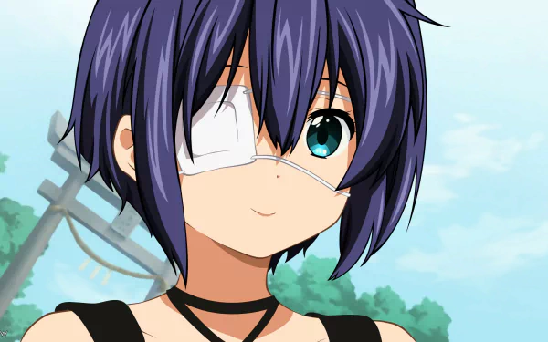 Rikka Takanashi from Love, Chunibyo & Other Delusions smiles in this HD anime wallpaper, showcasing her unique style and charm against an outdoor backdrop.