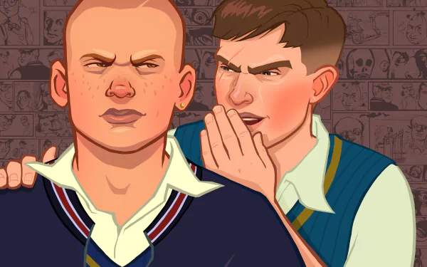 A vibrant HD wallpaper featuring Jimmy Hopkins from the video game Bully, showcasing two characters in a tense moment against a comic-style background.