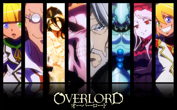 HD desktop wallpaper featuring characters from the anime Overlord, including Sebas Tian, Ainz Ooal Gown, Albedo, Cocytus, Demiurge, Shalltear Bloodfallen, Aura Bella Fiora, and Mare Bello Fiore.
